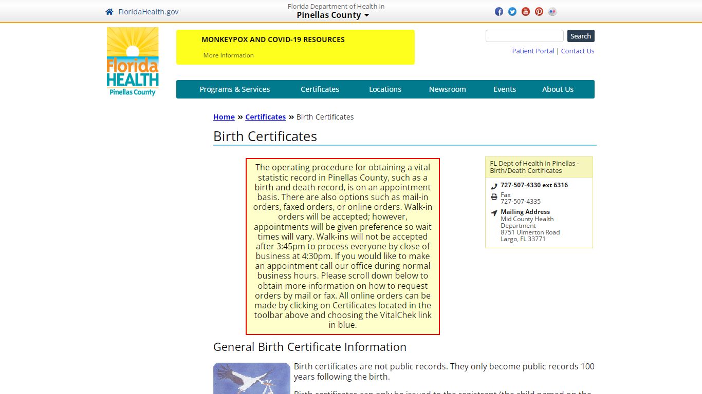 Birth Certificates | Florida Department of Health in Pinellas